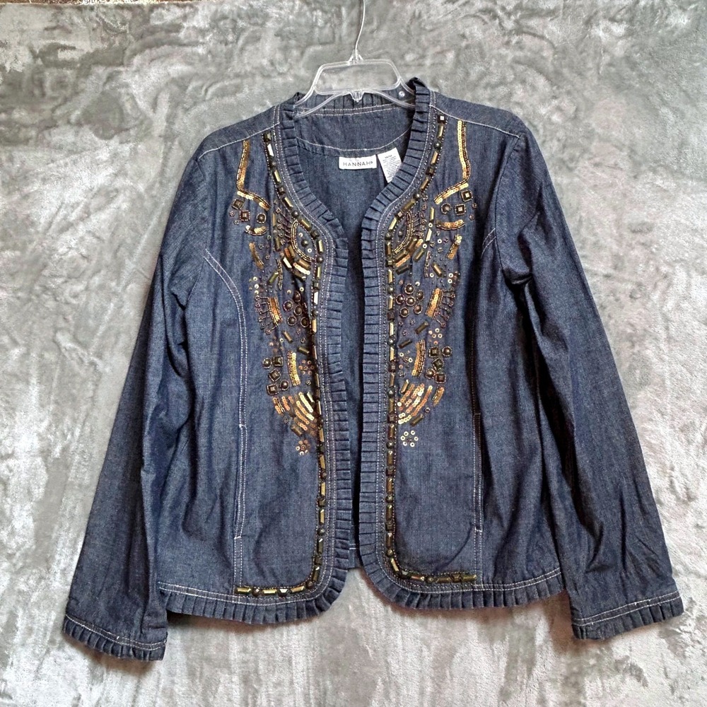 Hannah Womens Blue Denim Beaded Embellished‎ Open Front Ruffle Jacket Medium